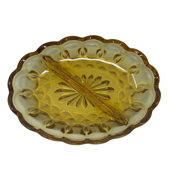 Oval Divided Dish Indiana Glass Company Amber Thumbprint Relish and Candy Dish - Picture 1 of 6